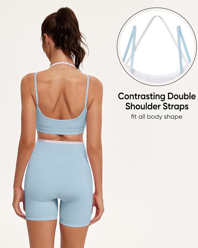 OMKAGI Workout Sets for Women Cute Doubel Layer Open Back Sports Bras Gym Shorts Outfits