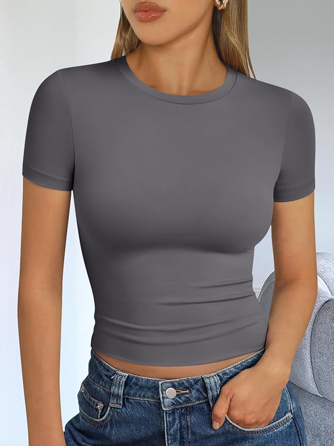 Trendy Queen Womens Short Sleeve T Shirts - Buttery Soft Summer Crop Tops Slim Fit Y2k Basic Tees for Workout
