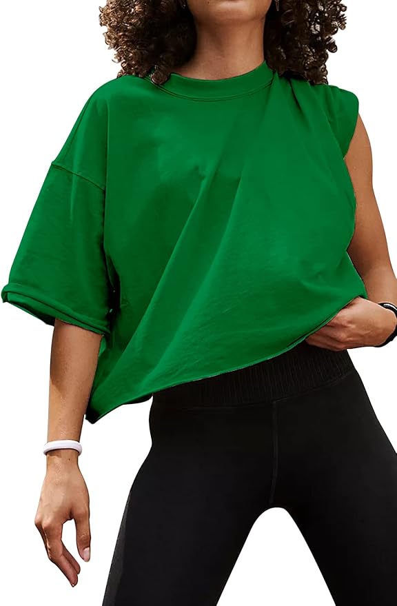 Women's Oversize Workout Crop Tops Casual Short Sleeve Drop Shoulder Boxy T-Shirts Roll Hem Basic Loose Yoga Running Tees