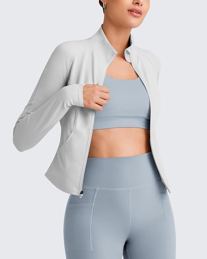 G4Free Workout Jackets for Woman BareFeel Cropped Zip Up Athletic Running Jacket Slim Fit Yoga Tops with Thumb Holes