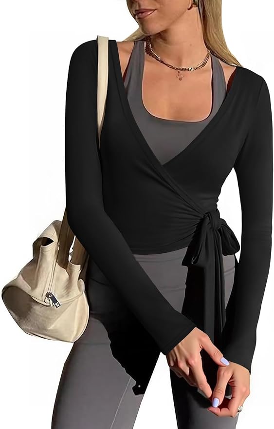 Yousify Womens Wrap Tie Tops Y2k Long Sleeve Ballet Pilates Yoga Workout Wrap Shirts Deep V Neck Casual Tops
