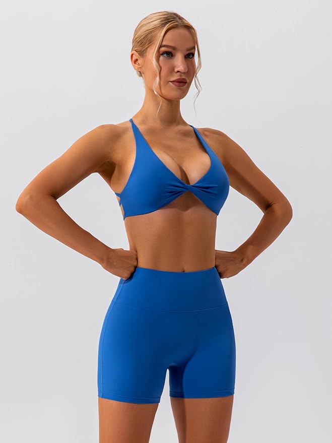 ABOCIW Workout Sets for Women 2 Piece Twist Front Halter Sports Bras High Waist Biker Shorts Exercise Gym Yoga Outfit