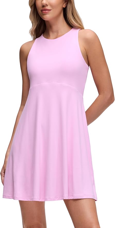 CRZ YOGA Cloudweight Double Layer Midi Dress for Women - Crewneck Flowy Tank Top Sleeveless Outfits for Casual Travel