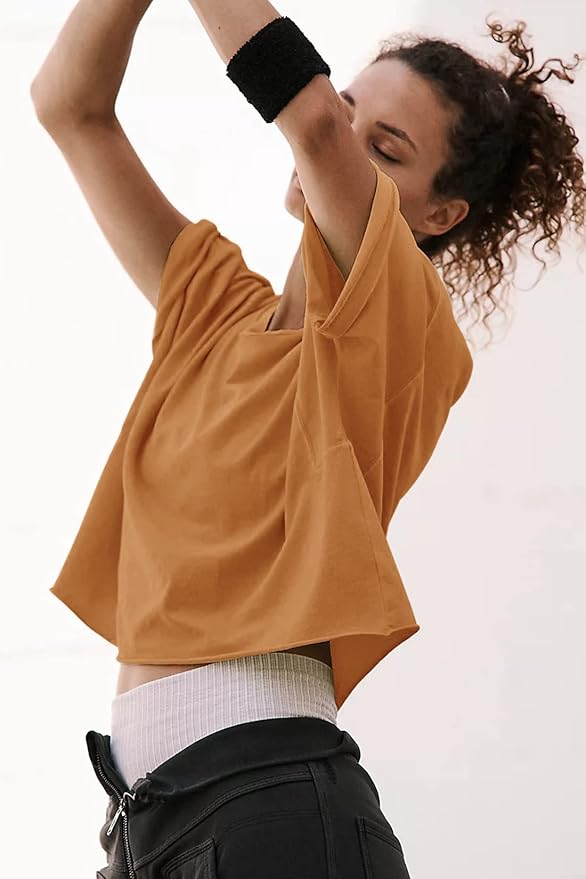Women's Oversize Workout Crop Tops Casual Short Sleeve Drop Shoulder Boxy T-Shirts Roll Hem Basic Loose Yoga Running Tees