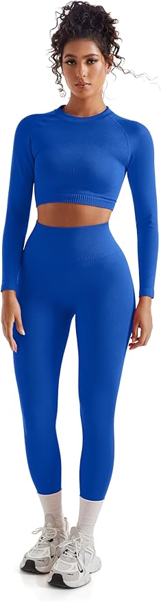 SUUKSESS Women 2 Piece Workout Sets Hidden Scrunch Hip Lifting Seamless Leggings Long Sleeve Yoga Crop Tops