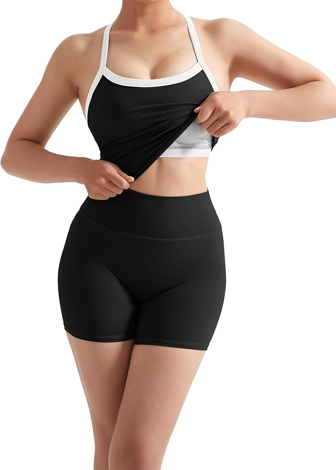 SUUKSESS Women 2 Piece Workout Sets High Waisted Tummy Control Biker Shorts Halter Padded Tank Tops