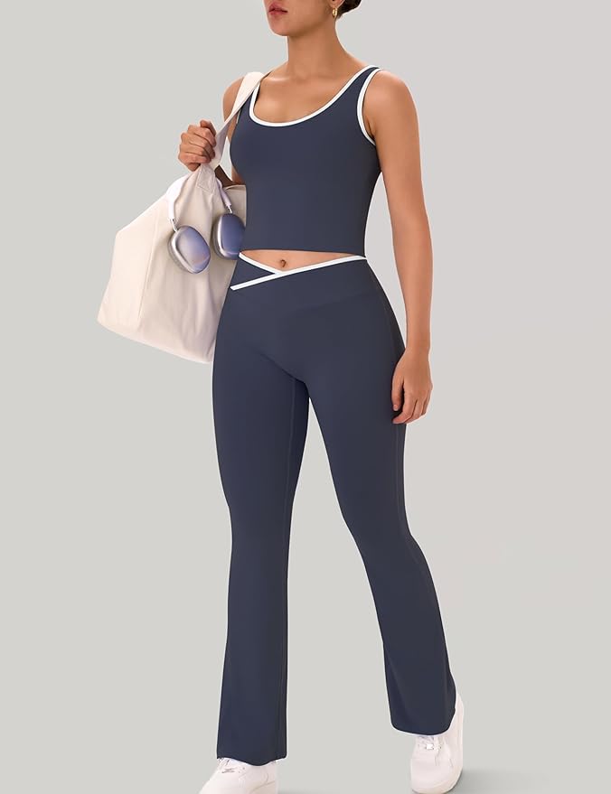 OLCHEE Womens Workout Sets 2 Piece Gym Yoga Outfits Crossover Flare Leggings Crop Tank Top with Contrast Trim