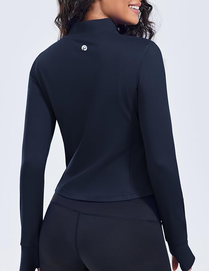 PINSPARK Women Cropped Workout Jackets Full Zip Slim Fit Athletic Jackets Thumb Holes Running Jacket with Zipper Pockets