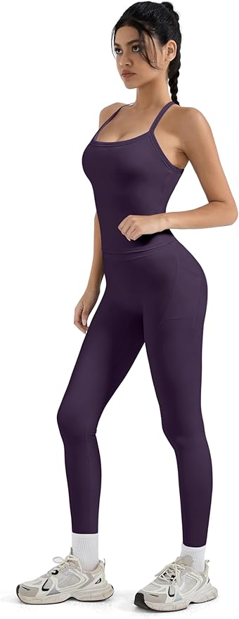 SUUKSESS Women 2 Piece Workout Sets Compression Tummy Control Leggings with Pockets Halter Built in Bra Tank Tops