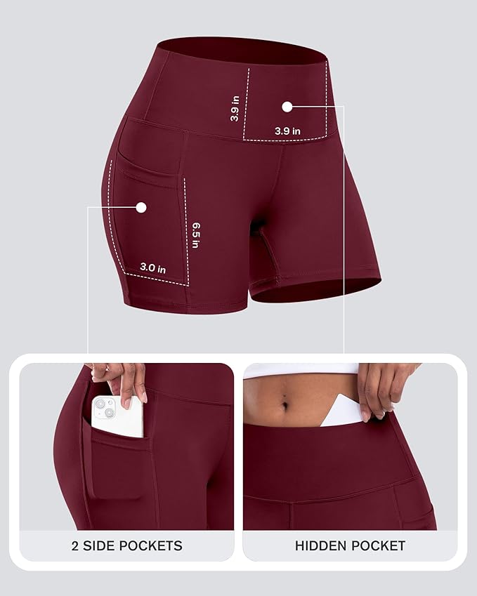 CHRLEISURE Womens Biker Yoga Shorts with Pocket, High Waisted Tummy Control 5 Inch Workout Spandex Athletic Gym Shorts