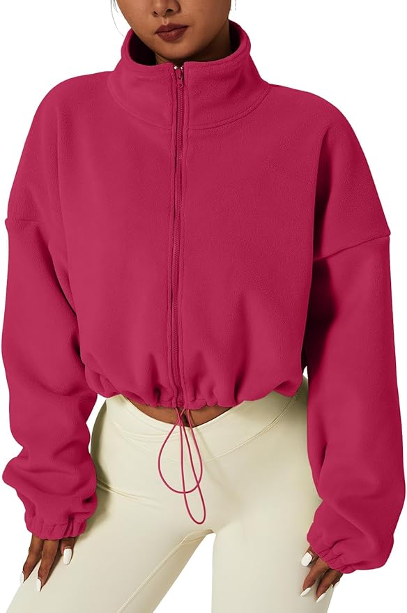 QINSEN Women's Full Zip Fleece Short Jacket Warm Winter Long Sleeve Stand Collar Sherpa Crop Coat