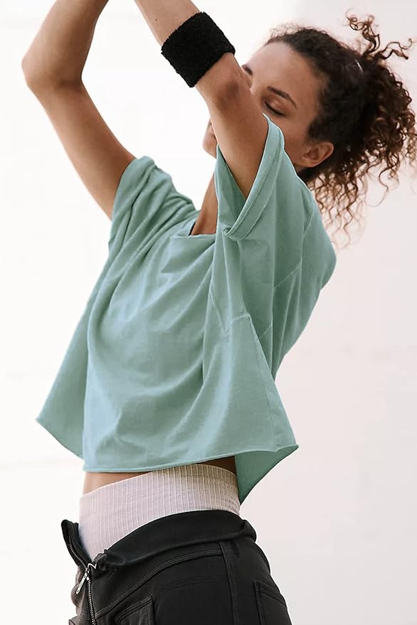 Women's Oversize Workout Crop Tops Casual Short Sleeve Drop Shoulder Boxy T-Shirts Roll Hem Basic Loose Yoga Running Tees