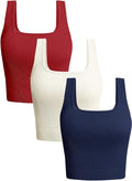 OLCHEE Womens 3 Pack Crop Tank Tops Basic Seamless Ribbed Sleeveless Square Neck Workout Top Summer Exercise Yoga Gym Shirts