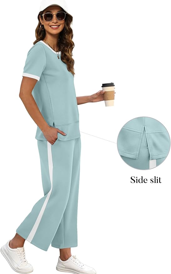 XIEERDUO Women's Side Slit Lounge Sets 2026 Fashion 2 Piece Travel Outfits Cozy Loungewear Wide Leg Tracksuits S-3XL