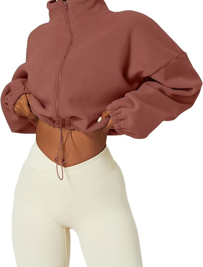 QINSEN Women's Full Zip Fleece Short Jacket Warm Winter Long Sleeve Stand Collar Sherpa Crop Coat