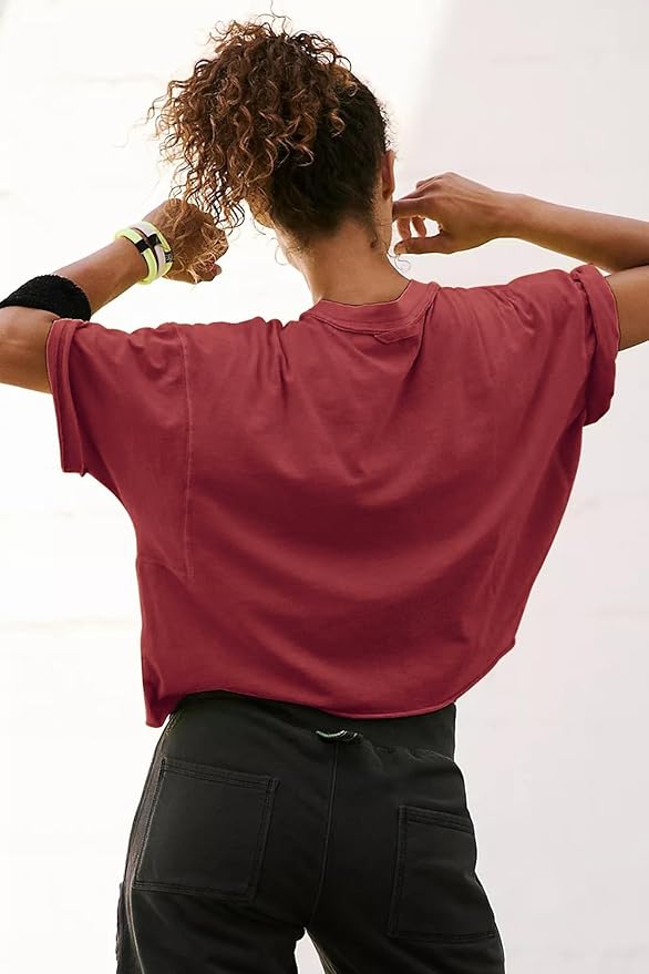 Women's Oversize Workout Crop Tops Casual Short Sleeve Drop Shoulder Boxy T-Shirts Roll Hem Basic Loose Yoga Running Tees