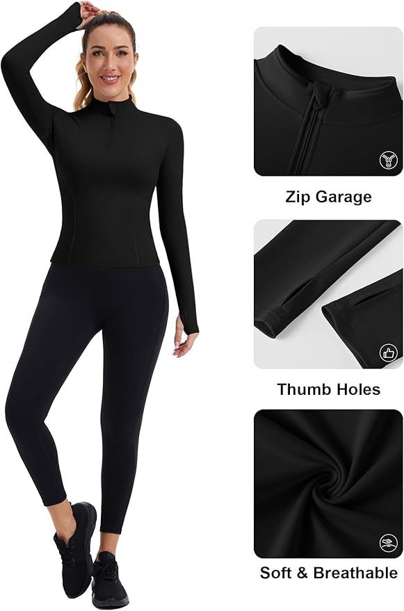 ZHENWEI Womens Workout Tops Long Sleeve Quarter Zip Pullover Quick Dry Golf Shirt Athletic Slim Fit Crop Yoga Gym Tops