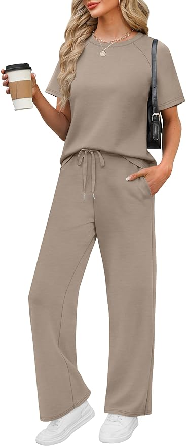 WIHOLL 2 Piece Sets for Women Resort Wear Travel Vacation Outfits Summer Short Sleeve Lounge Sets