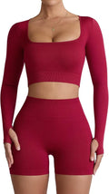 Two Piece Workout Set for Women Long Sleeve Top Matching High Waist Scrunch Butt Shorts Gym Sets Yoga Outfits Sets