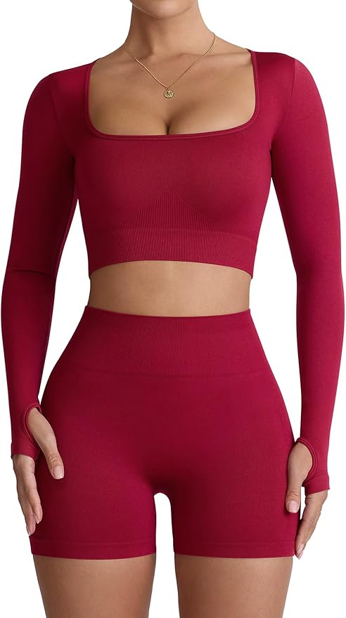 Two Piece Workout Set for Women Long Sleeve Top Matching High Waist Scrunch Butt Shorts Gym Sets Yoga Outfits Sets