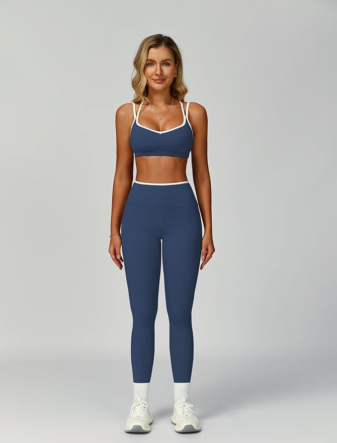 ABOCIW Two Piece Workout Sets for Women Color Block Strappy Sports Bra High Waist Leggings Yoga Pilates Outfits