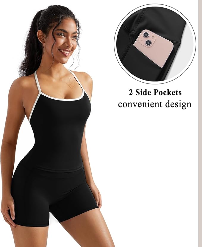 OMKAGI 2 Piece Workout Sets for Women Padded Sports Bra Tank Booty Gym Shorts with Pockets