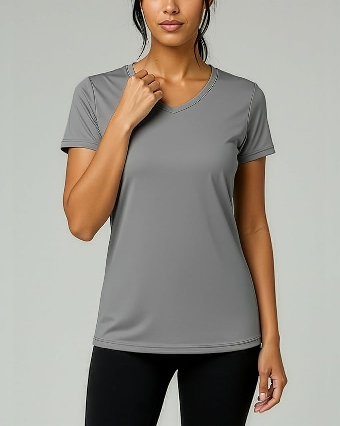 Real Essentials 5 Pack: Women's Dry-Fit Short Sleeve V Neck T Shirt Workout Fitness Yoga Top Tee (Available in Plus Size)