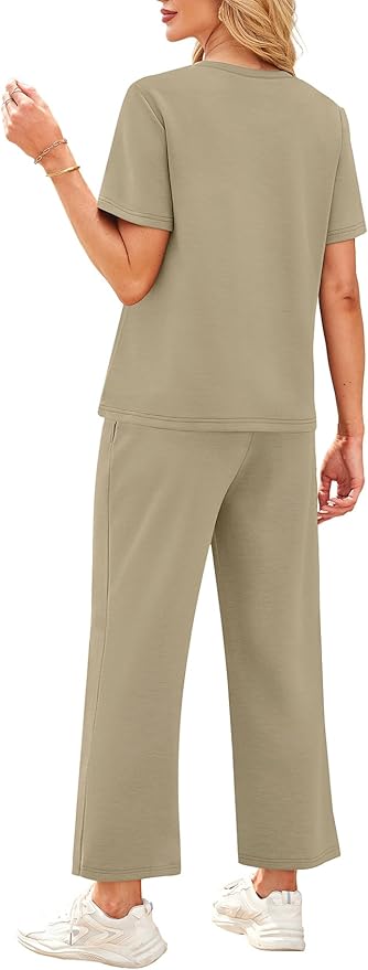 WIHOLL 2 Piece Sets for Women Casual Summer Travel Vacation Outfits Short Sleeve Wide Leg Crop Pants Lounge Sets