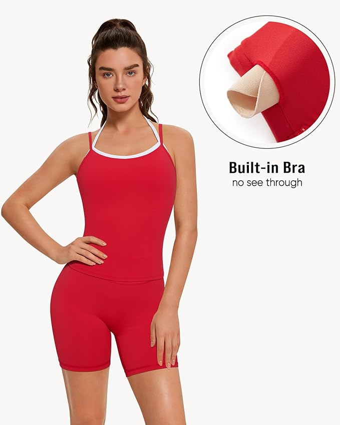 OMKAGI Halter Workout Tank Tops for Women Built in Bra Cute Layer Longline Sports Bras