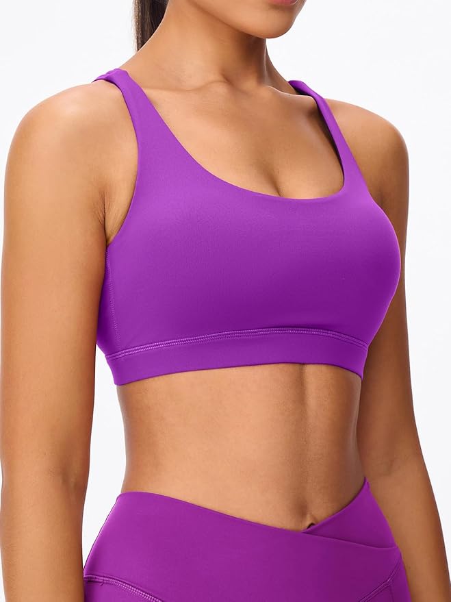 Women's Strappy Sports Bras Light Compression Crop Criss Cross Back Padded Workout Yoga Bra Supportive U Neckline