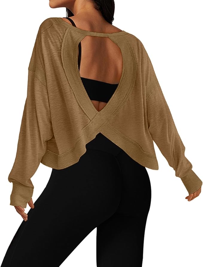 UNIANKIYA Open Back Workout Tops for Women Long Sleeve Cropped Athletic Clothes Gym Running Yoga Low Impact Sports T Shirts
