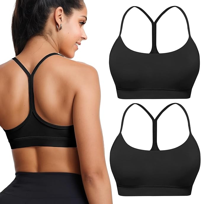 Buauty 2 Packs Y Back Sports Bra for Women, Low Impact Padded Racerback Spaghetti Strap Bras, Workout Yoga Tops