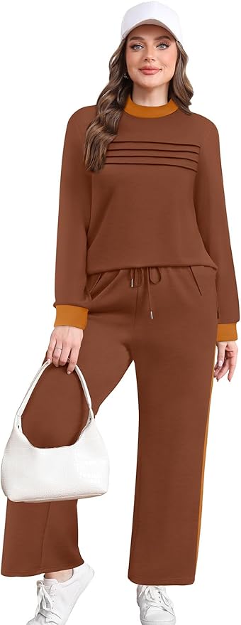 WIHOLL Two Piece Sets for Women Spring Travel Vacation Outfits 2026 Long Sleeve Lounge Sets Side Slit Wide Leg Pants S-3XL