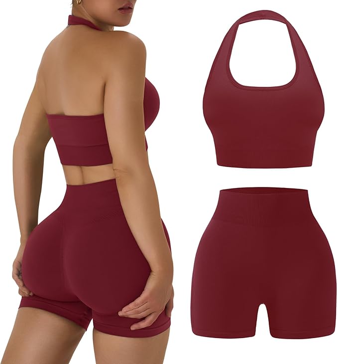 OLCHEE Workout Sets for Women 2 Piece Backless Halter Sports Bra High Waist Booty Shorts Yoga Gym Outfits Lounge Activewear