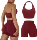 OLCHEE Workout Sets for Women 2 Piece Backless Halter Sports Bra High Waist Booty Shorts Yoga Gym Outfits Lounge Activewear