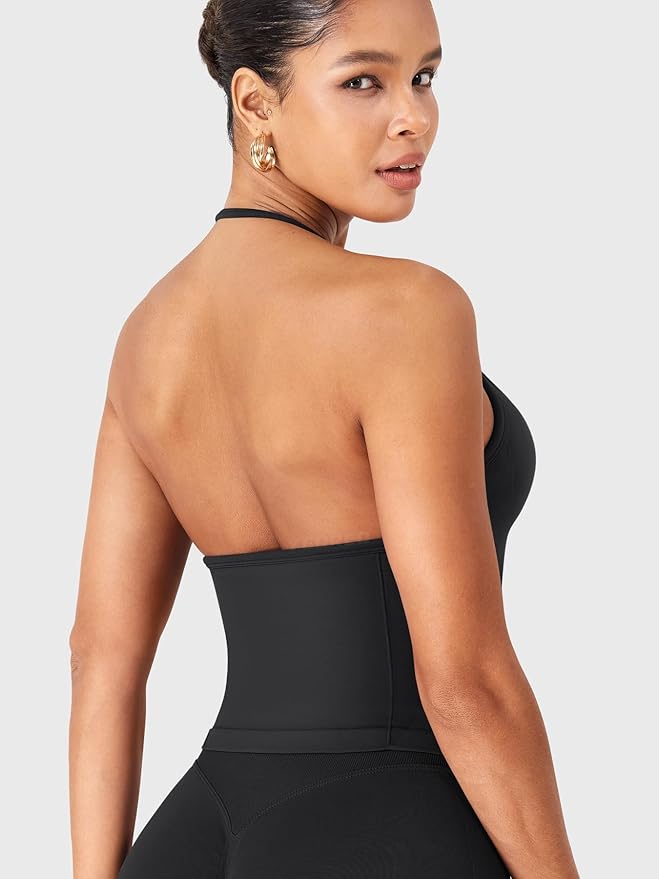 YEOREO SoftHue Impact Longline Strappy Top Women's Halter Workout Tank Tops Backless Gym Longline with Adjustable Strap