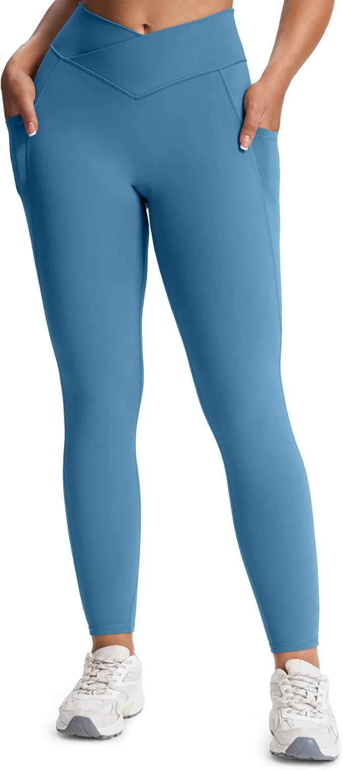 Aoxjox Women's Trinity High Waisted Yoga Pants with Pockets Cross-Waist Tummy Control Buttery Soft Workout Leggings 26"