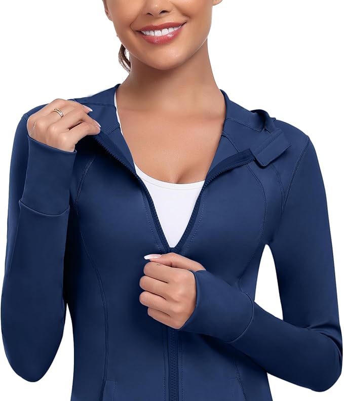 Women's Hooded Athletic Full Zip Workout Jacket With Pockets Running Slim Fit Yoga Sportwear With Thumb Holes