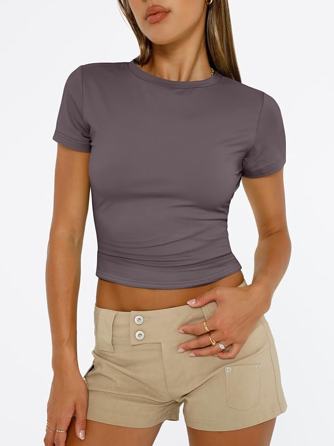 Trendy Queen Womens Short Sleeve T Shirts - Buttery Soft Summer Crop Tops Slim Fit Y2k Basic Tees for Workout
