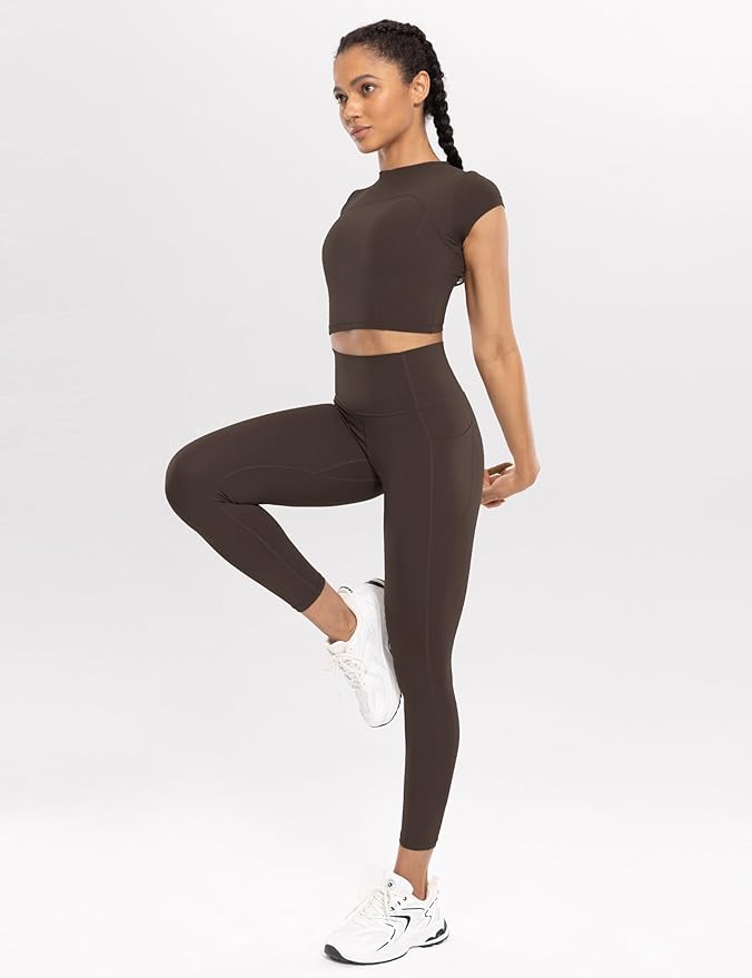 ENERBLOOM Workout Leggings with Pockets for Women High Waist Yoga Pants 25"/28" Cream Soft Lightweight Athletic Gym Tights