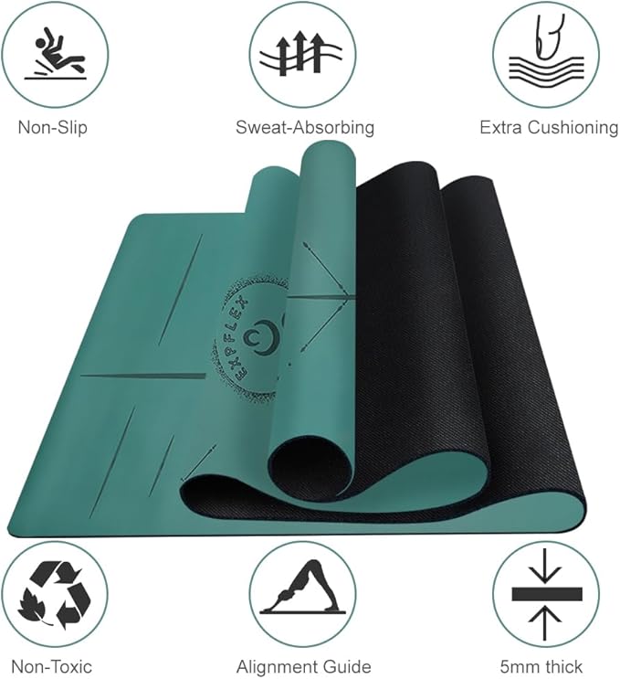 Natural Rubber Yoga Mat - Non Slip Non Toxic - 5mm Thick Yoga Mat for Hot Yoga/Pilates - Extra Large 26.8’’ with Alignment Guide - Sweat Proof - with Carrying Bag