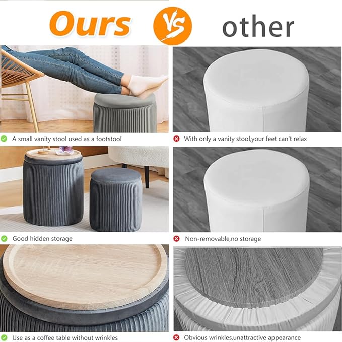 BLEXA Round Ottoman with Storage Set of 2-Upholstered Velvet Vanity Stool for Makeup Multifunctional Ottomans Coffee Table Padded Seat Foot Rest for Living Room&Bedroom(Light Grey-Upgrade Tray Lid)