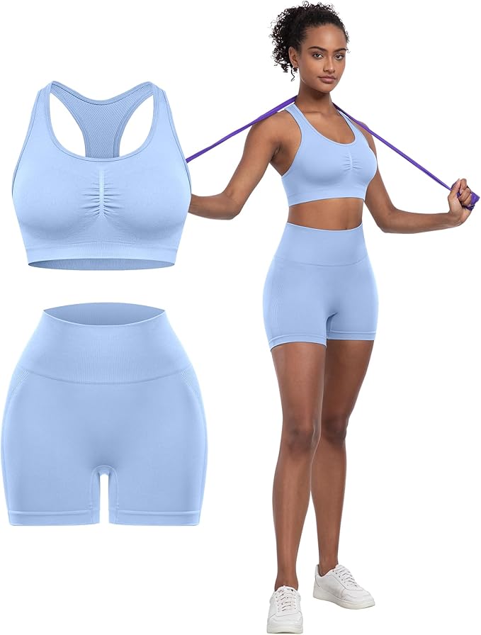Workout Sets for Women 2 Piece - Seamless Yoga Outfits Shorts and Padded Sports Bra Gym Athletic Clothing Set