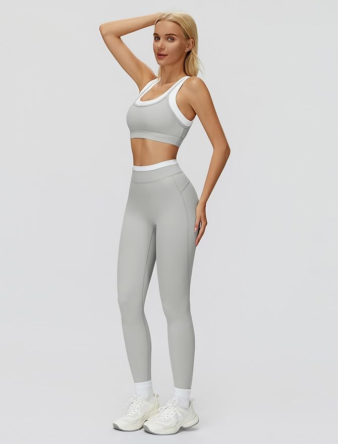 ABOCIW Two Piece Workout Sets for Women Layer Sports Bra Tummy Control High Wait Leggings Gym Yoga Outfits