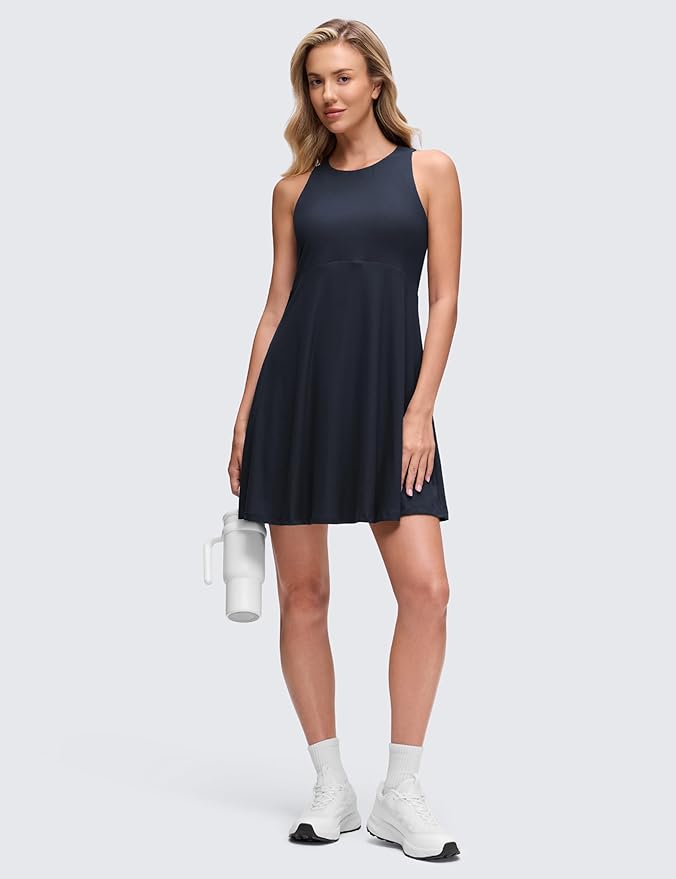 CRZ YOGA Cloudweight Double Layer Midi Dress for Women - Crewneck Flowy Tank Top Sleeveless Outfits for Casual Travel