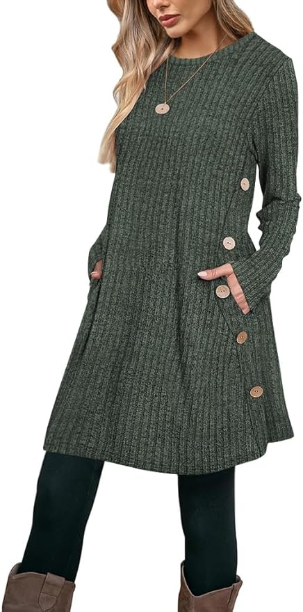 Poetsky Women Long Sleeve Tunic Tops to Wear with Leggings Side Buttons Long Shirts Rib Sweater Dress with Pockets S-3XL