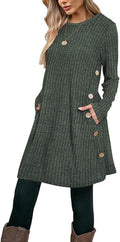 Poetsky Women Long Sleeve Tunic Tops to Wear with Leggings Side Buttons Long Shirts Rib Sweater Dress with Pockets S-3XL