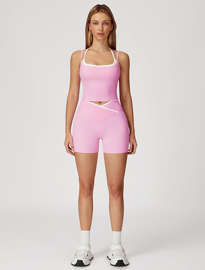 ABOCIW Workout Sets for Women 2 Piece Color Block Layered Cropped Tank Top Crossover High Waist Biker Shorts Gym Sets
