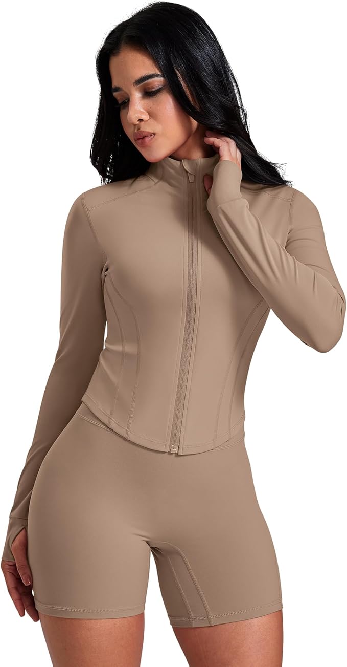 AVGO Women's Workout Jacket Lightweight Zip Up Crop Top Running Sportwear Slim Fit Gym Jackets With Thumb Holes