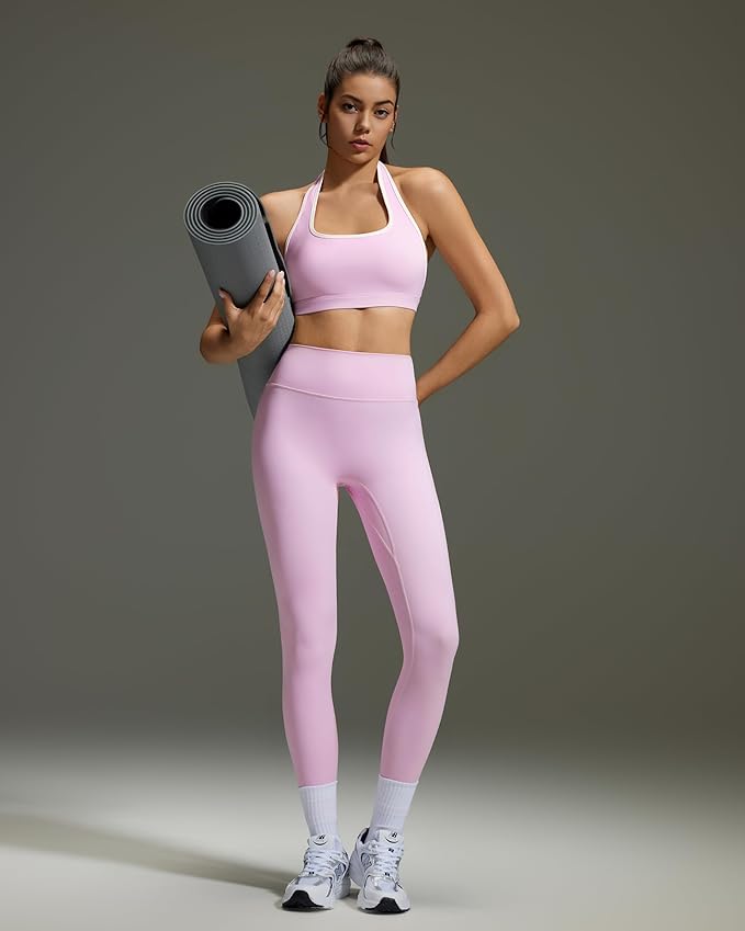 OMKAGI 2 Piece Workout Sets for Women Halter Sports Bras Gym Sets Booty Leggings Outfits